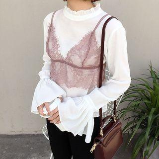 Set: Frill Trim Long Sleeve Top + Lace Camisole Top