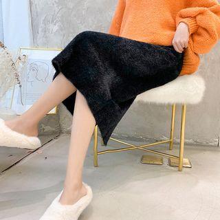 Straight Cut Furry Midi Knit Skirt
