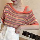 Elbow-sleeve Cold Shoulder Striped Knit Top