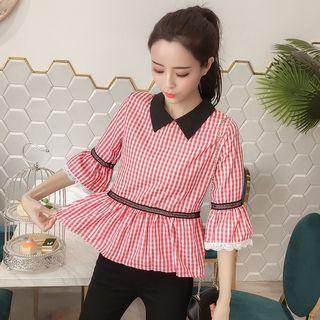Lace Trim Plaid Elbow-sleeve Top