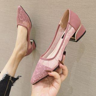 Embroidered Mesh Pointy-toe Block Heel Pumps