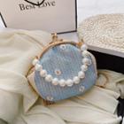 Faux Pearl Floral Embroidered Woven Handbag