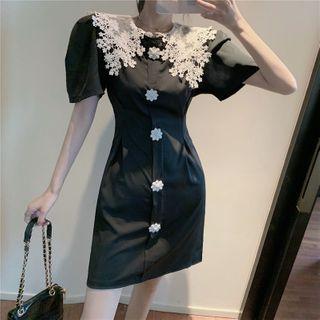 Puff-sleeve Lace Neck Slim Fit Dress