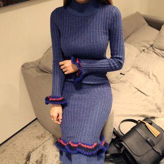 Set: Mock-neck Frilled Knit Top + Mermaid Skirt