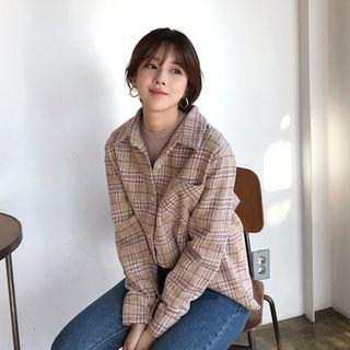 Pocket-front Loose-fit Plaid Shirt Beige - One Size