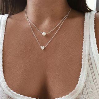 Layered Faux Pearl & Heart Necklace