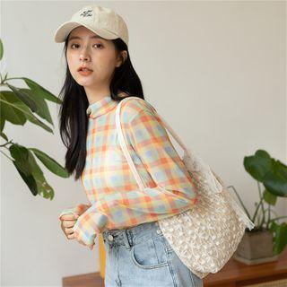 Long-sleeve Plaid Mock-neck Top