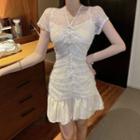 V-neck Lace Ruffle Hem Mini A-line Dress