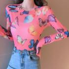 Long-sleeve Butterfly Print See-through Top