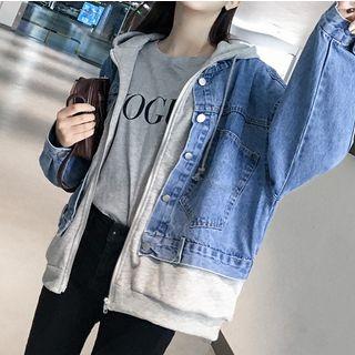 Mock Two-piece Hooded Denim Zip Jacket