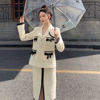 Bow Accent Jacket / Contrast Trim Front-slit Midi Pencil Skirt