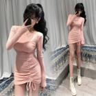 Long-sleeve Drawstring Mini Bodycon Dress Pink - One Size