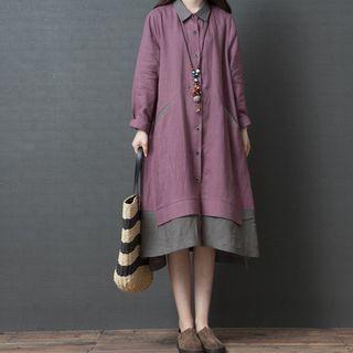 Long-sleeve Two-tone Linen Midi A-line Dress