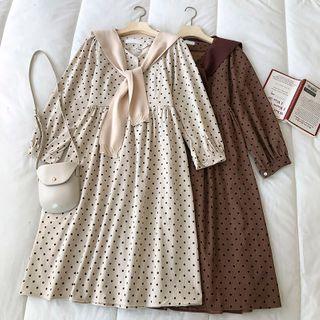 Long-sleeve V-neck Polka Dot Dress / Knit Cape