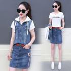 Set: Lettering Short Sleeve T-shirt + Hooded Denim Vest + A-line Denim Skirt