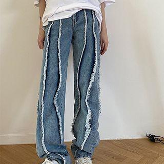 High-waist Fray Trim Straight-cut Jeans