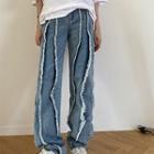 High-waist Fray Trim Straight-cut Jeans