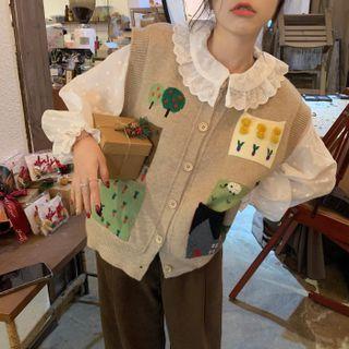 Ruffle Trim Blouse / Cartoon Button-up Sweater Vest