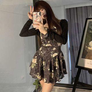 Long-sleeve Plain Cardigan / Sleeveless Floral Dress