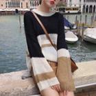 Long Sleeve Color-block Knit Top As Shown In Figure - One Size