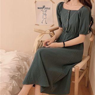 Square-neck Puff-sleeve Midi A-line Dress Vintage Green - One Size