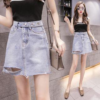 High-waist Distressed Denim Mini A-line Skirt
