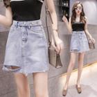 High-waist Distressed Denim Mini A-line Skirt