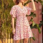 Patterned V-neck Short-sleeve Mini A-line Dress