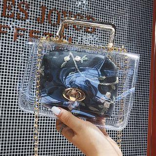 Transparent Handbag With Embroidered Flower Pouch
