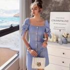 Puff-sleeve Square-neck Plain Mini A-line Dress