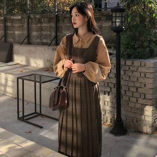 Set: Long-sleeve Shirt + Plaid Midi A-line Overall Dress
