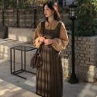 Set: Long-sleeve Shirt + Plaid Midi A-line Overall Dress