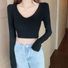 Long-sleeve Plain V-neck Cropped T-shirt