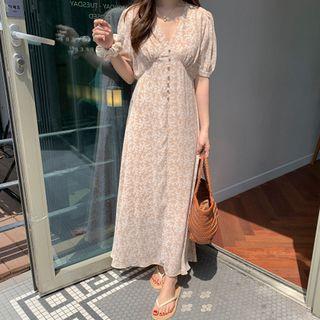 Flower Print Short-sleeve Midi A-line Dress Almond - One Size