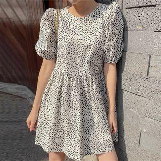 Puff Sleeve Leopard Pattern Dress White - One Size