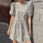 Puff Sleeve Leopard Pattern Dress White - One Size