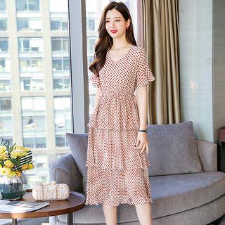 Dotted Short-sleeve Tiered Midi Dress
