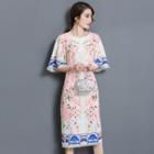Floral Print Bell-sleeve Midi Sheath Dress