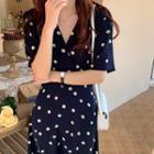 Short-sleeve Floral Midi A-line Dress Floral - Navy Blue - One Size