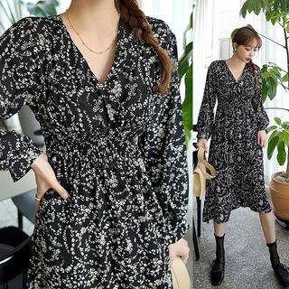 Wrap-front Smock-waist Floral Midi Dress