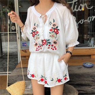 Set: Embroidered 3/4-sleeve Top + Shorts