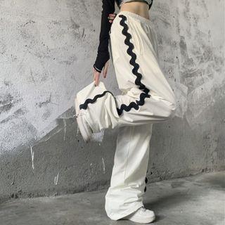 Elastic-waist Wide Leg Wavy Line Pants