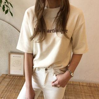 Letter Print Short-sleeve T-shirt Cream - One Size