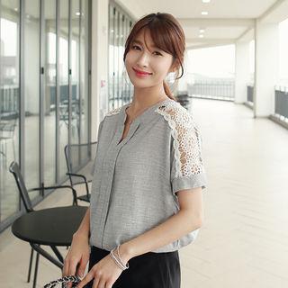 Crochet-panel Open-placket Blouse