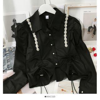 Pearl-accent Drawstring Crop Shirt Black - One Size