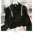 Pearl-accent Drawstring Crop Shirt Black - One Size