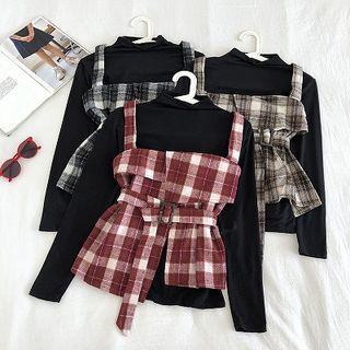 Set: Mock-neck Long-sleeve Top + Plaid Camisole Top