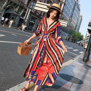 Print Elbow-sleeve A-line Midi Chiffon Dress