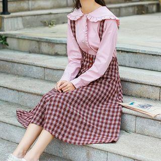Long-sleeve Sailor Collar Blouse / Plaid Suspender A-line Midi Skirt / Set
