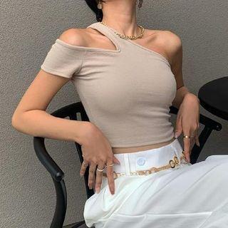 One Shoulder Plain Cut-out Crop Top